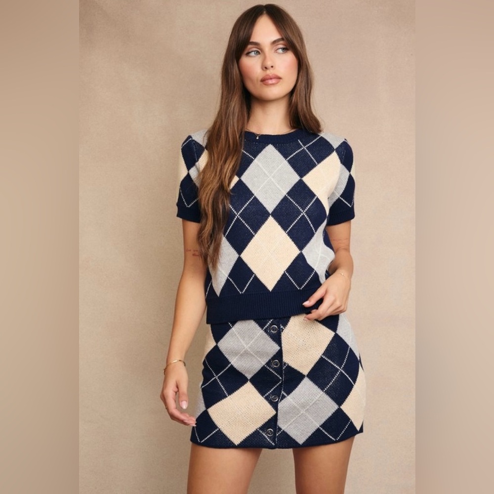 Le Lis Navy Argyle Knit Sweater Top and Matching Skirt
